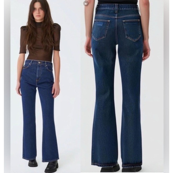 GANNI Jeans Womens 26 Betzy Slim Flare Dark Wash Blue Stone Minimalist Staple - Picture 1 of 16